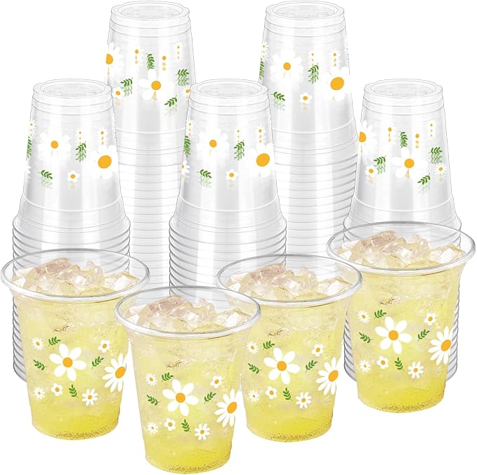 100 Pcs Daisy Party Plastic Cups 12 oz Disposable Theme Drinking Cups Retro Boho Hippie Groovy Daisy Flower Cups for Spring Birthday Party Baby Shower Party Supplies