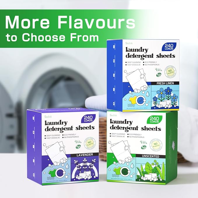 Soulink Laundry Detergent Sheets Unscented 480 Loads (2 pack)，Eco Friendly Detergent Sheets for Travel & Home - No Plastic Jug Liquidless Soap Strips, Plant-based, Hypoallergenic.