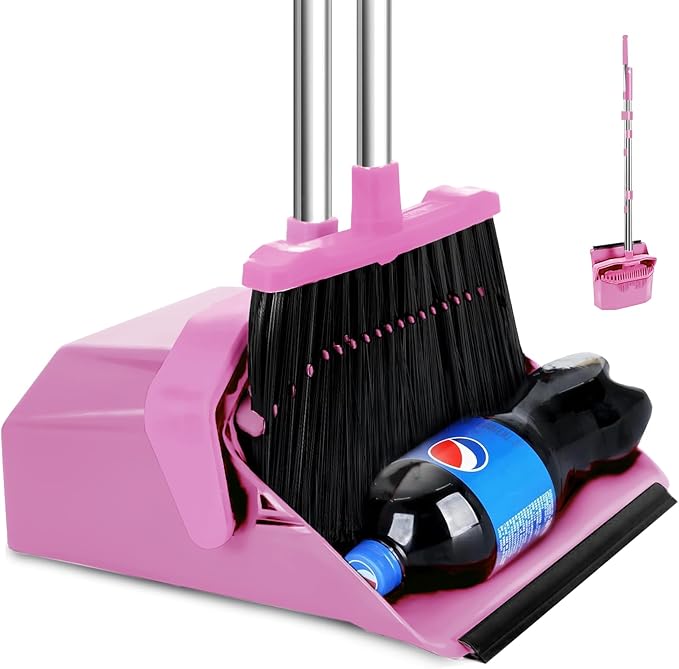Tiumso Broom with Dustpan Combo Set, 51'' Broom and Dustpan Set, Brooms and Dust Pan with Handle, Brooms with Standing Dustpans, House Broom for Pets Hair and Floor Cleaning - Pink