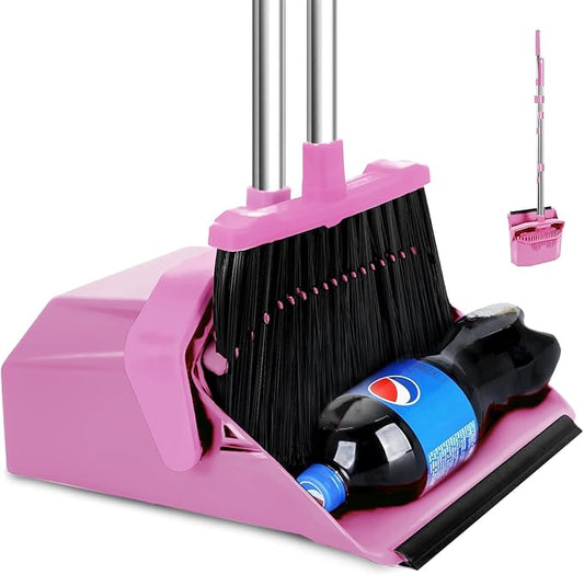 Tiumso Broom with Dustpan Combo Set, 51'' Broom and Dustpan Set, Brooms and Dust Pan with Handle, Brooms with Standing Dustpans, House Broom for Pets Hair and Floor Cleaning - Pink