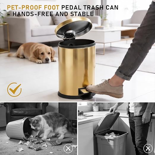 SIMPLYKLEEN Bathroom Trash Can with Lid - 4PC 1.3 Gallon/ 5L Oval Small Trash Can with Soft-Close Lid, Foot Pedal, Brushed Stainless Steel, Removable Liner, Garbage can for Kitchen, Office, Home Gold