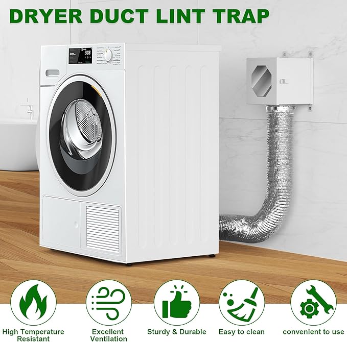 Dryer Lint Trap Kit, Indoor Secondary Lint Catcher with 4inch Vent Hose, 2 Clamps, 3 Stainless Steel Mesh & Aluminum Foil Tape Cleaning Brush for Electric Dryer Duct lint Trap – Easy to Clean