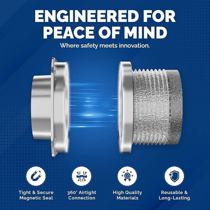 Magnetic Dryer Vent Coupling DV180 - Airtight Seal, Quick-Connect & Easy Clean, Strong Magnet Self-Alignment, Includes 4" Duct and two Clamps