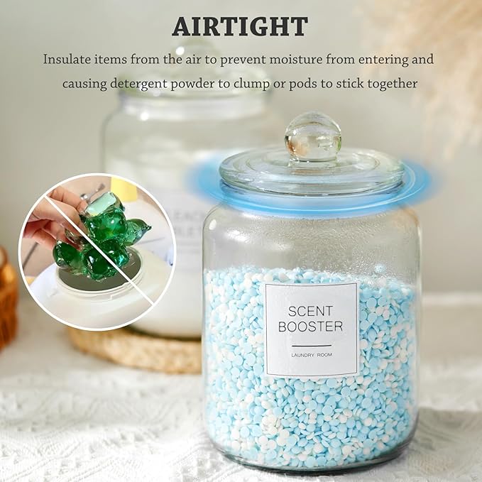 FyndraX Laundry Glass Jars with Dryer Sheets Holder, Containers with Scoop and Labels for Laundry Room Organization and Storage Detergents Pods or Powder, Scent Booster Beads, Set of 3