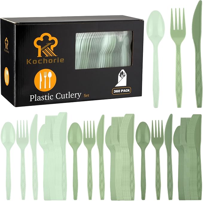 Kochorie 360 Pieces Gradient Sage Green Plastic Cutlery Set Disposable Plastic Utensils Heavy Duty Flatware Set Includes 120 Knives 120 Forks 120 Spoons for Birthday Wedding Baby Shower Party, Picnic