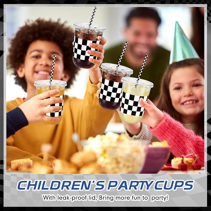 LemonRoad 50sets 16oz Checkered Cups Race Car Birthday Party Decorations Supplies Plastic Cups Disposable with Lids and Straws for Racing Themed Party Christmas Birthday Wedding Baby Shower Decoration