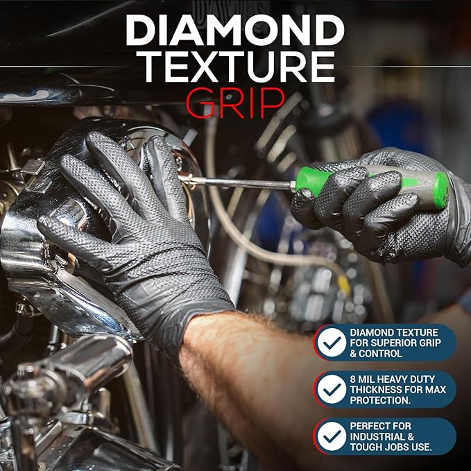 First Glove 8 Mil Heavy Duty Black Nitrile Gloves - Raised Diamond Textured Grip - Gloves for Mechanic, Automotive & Work