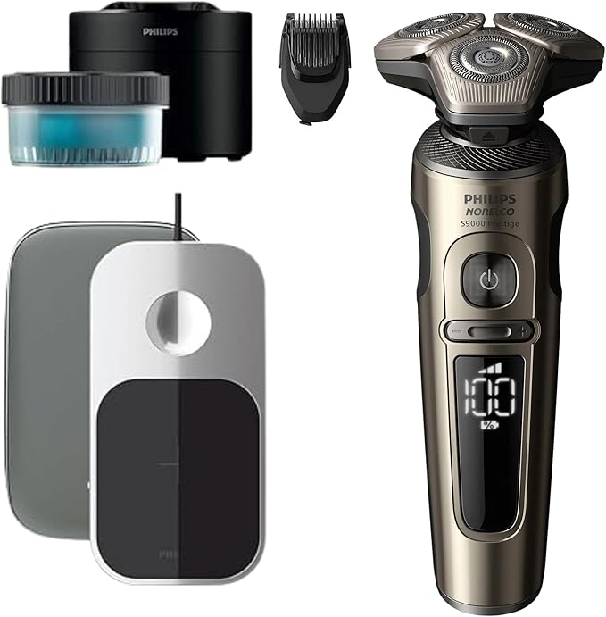 Philips S9000 Prestige Electric Shaver w/Qi Wireless Charging & Quick Clean Pod for Dry/Wet Use, SenseIQ Tech, Efficient, Fast Charge, One-Touch Open, Premium Case