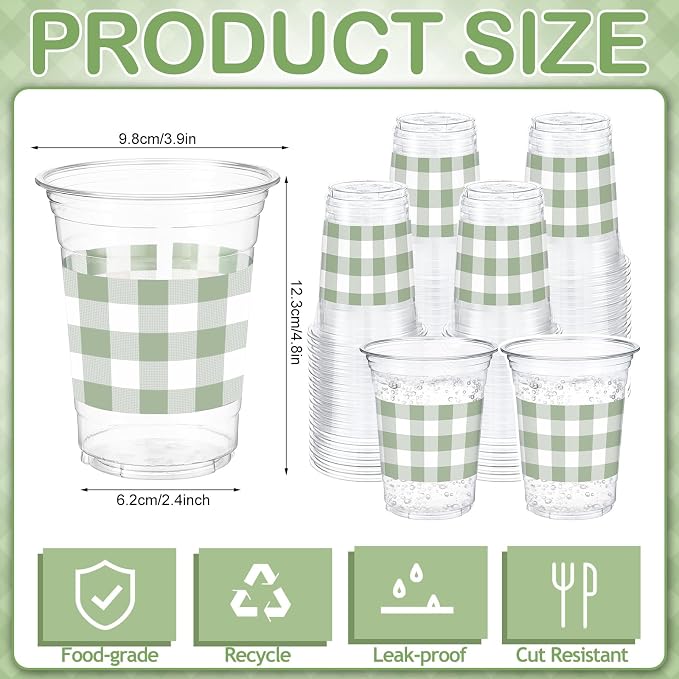 100 Pcs Sage Green Gingham Plastic Cups 12 oz Green Checkered Plaid Disposable Plastic Drinking Cups Bulk for Baby Shower Wedding Birthday Christmas Party Decoration Supplies