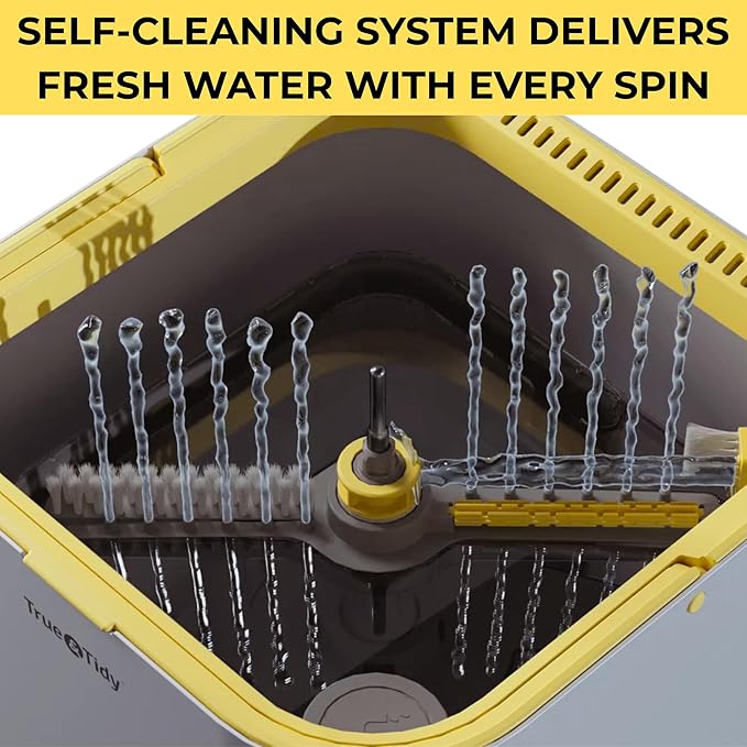 True & Tidy® TrueClean Spin Mop 2.0 w/Detachable Inner Bucket, Self Standing, Separates Clean and Dirty Water, Foldable Square Mop Head, Triple Jet Stream w/Hidden Brush, Replaceable 2pc Pads