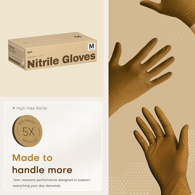 SUP Nitrile Exam Gloves, Powder-Free Latex-Free Food Safe Food Prep BBQ Cooking Cleaning Medical Disposable Glove, Tan 1000Ct