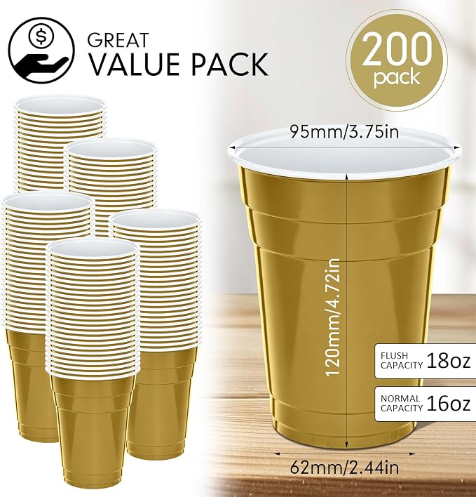 Mimorou Gold 200 Pack Plastic Cups 16 oz Disposable Cups for Party Wedding Halloween Stackable Beverage Drinking Tumbler Heavy Duty for BBQ Birthday Baby Shower
