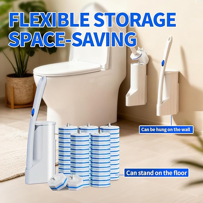 Disposable Toilet Brush Set with 60 Replacement Heads, Toilet Cleaning Replacement Pads, Starter Kit with Storage Case for Deep Cleaning and Hygienic Bathroom Maintenance