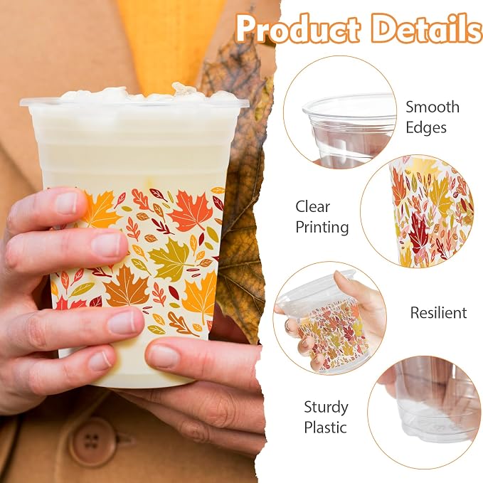 100 Pcs 12 oz Fall Maple Leaf Cups Tanksgiving Disposable Clear Plastic Cups for Fall Party Birthday Supplies