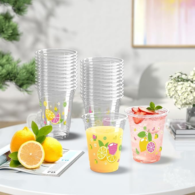 100 Pack Lemons Plastic Cups 12 oz Pink Yellow Tropical Fruit Disposable Cup Clear Lemons Summer Spring Party Favor Drinking Cold Beverage Cup for Party Supplies
