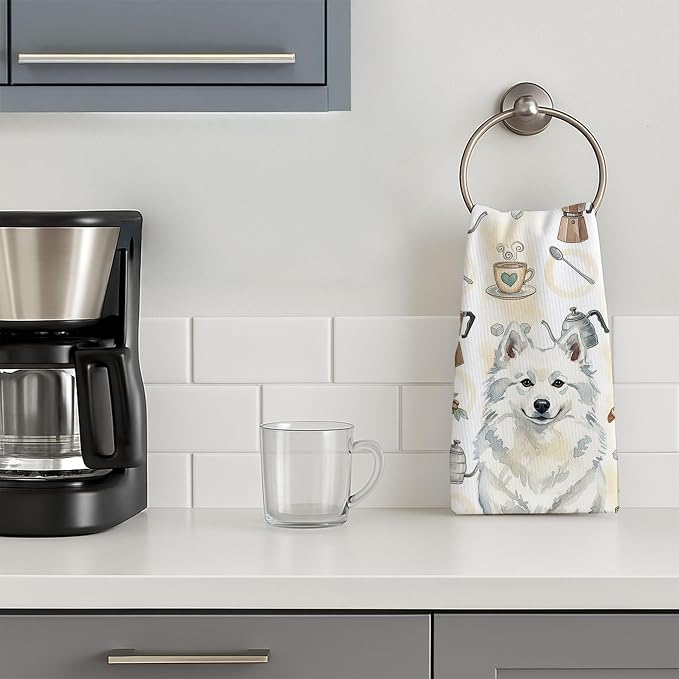 Caroline's Treasures American Eskimo Coffee Bar Kitchen Towel Velour Plush Front and Cotton Loop Back Machine Washable