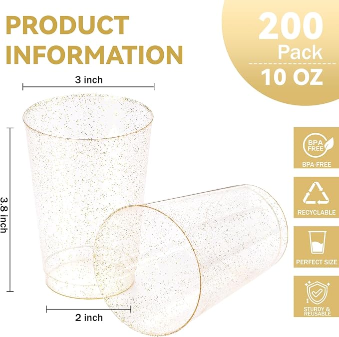 supernal 200pcs Gold Glitter Plastic Cups - 10oz Heavy Duty Disposable Party Cups | Premium Clear Shimmer Tumblers for Wedding, Birthday Cocktail, Banquet Wine Toasting & Catering