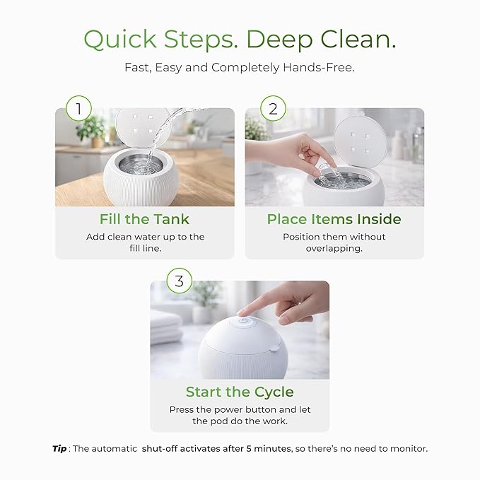 Pursonic 42kHz Ultrasonic Cleaner Pod with UV-C Light & Smart One-Touch - Water-Based Cleaning Device with Auto Shut-Off Feature for Coins, Dentures, Aligners, Jewelry & Toothbrush Heads