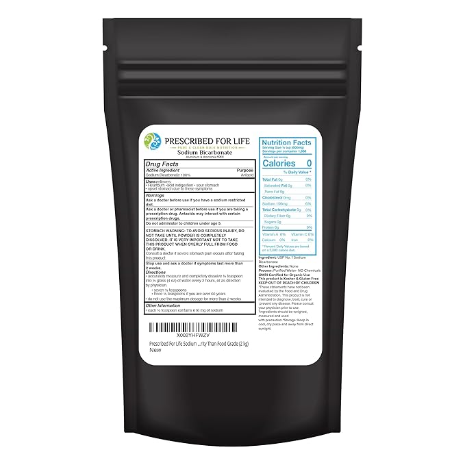 Prescribed For Life Sodium Bicarbonate Powder, Organic Aluminum Free Baking Soda, Bicarbonato de Sodio en Polvo, USP Grade (2kg / 4.4lb)