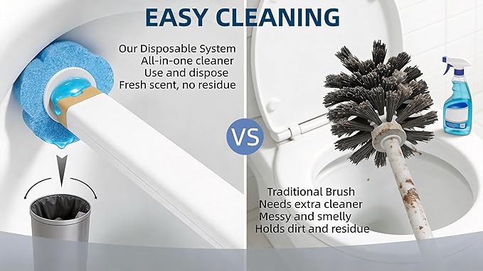 Disposable Toilet Brush with 48 Refill Heads and Holder– Includes Storage Caddy&Toilet Bowl Wand, Wall-Mount Scrubbing Toilet Brush Bathroom Cleaning Kit (1 Wand+48 Refills)