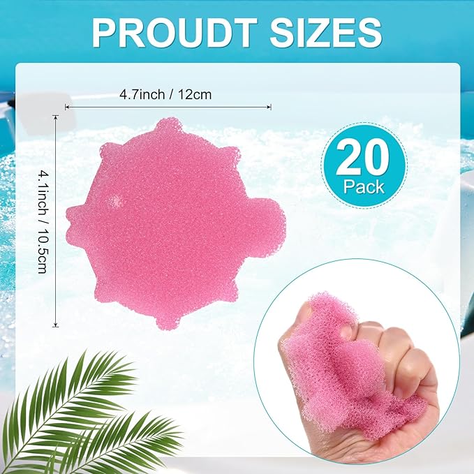 M METERXITY 20-Pack Hot Tub Scum Absorber, 12x10.5 Cm/4.7x4.1 Inch Sponge Sea Fish Pattern Scum Balls for Spa, Bathtub and Swimming Pool to Soak Up Oils Bathtub Accessories [Pink]