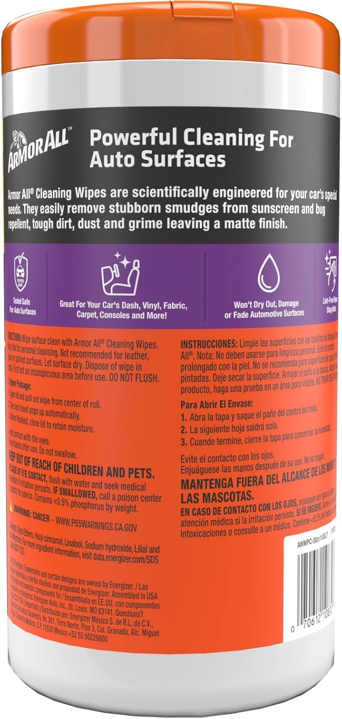 Armor All Car Cleaning Wipes , Wipes for Car Interior and Car Exterior, 50 Wipes Each