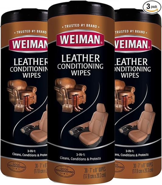 Weiman Leather Wipes - 3 Pack - Clean, Condition, Ultra Violet Protection Help Prevent Cracking or Fading of Leather Furniture, Car Seats and Interior, Shoes