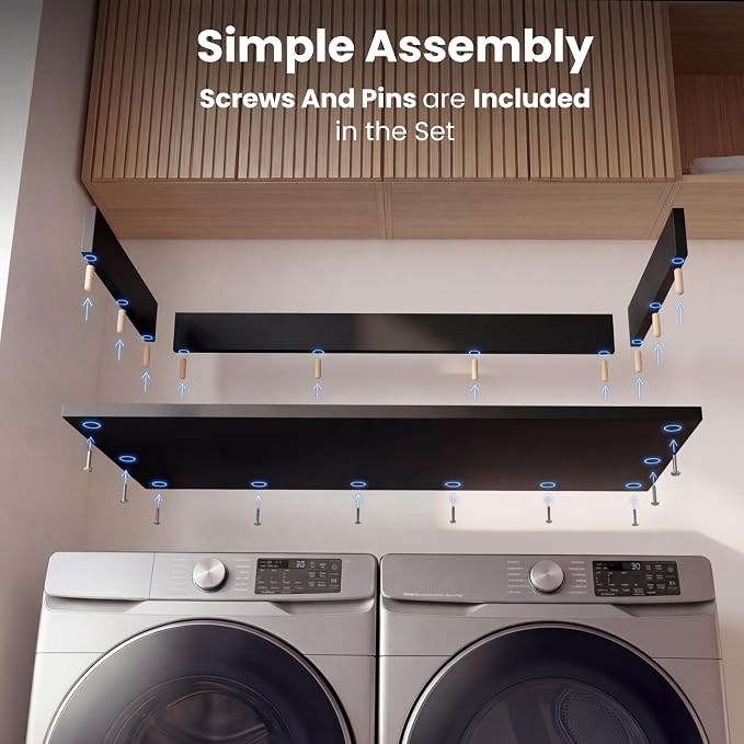 NORTH BLOOM Premium Washer Dryer Countertop 54" W x 27.5" D x 3.1" H, One Solid Base Board Laundry Room Topper with Edge Rails, Washing Machine Top, Painted Finish, Anti-Slip Feet (Black Color)