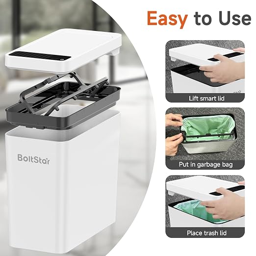Solar Automatic Bathroom Trash Can: 2 Pack 2.6 Gallon Small Motion Sensor Garbage Can, No Charging Required, Slim Smart Touchless Trash Bin with Lid for Bedroom, Living Room, Office, RV, White