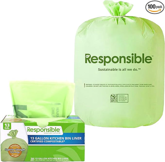 Responsible Products Kitchen Bin Liners, Certified Compostable, Heavy Duty Multipurpose Food Scrap Bags, Made from Compostable Materials (13 Gallon, 13 Gallon (38 Count))