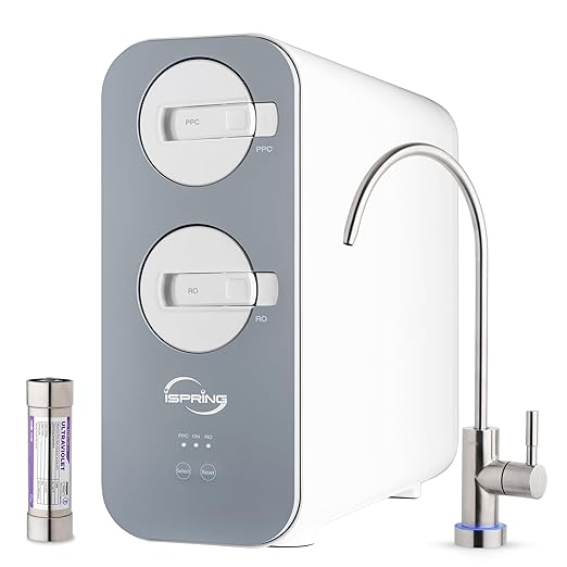 iSpring RO800G+UVF8 Tankless Reverse Osmosis System with LED UVF8 Light, 800 GPD Fast Flow RO System, 2.5:1 Pure to Drain Ratio RO Water Filter System, Brushed Nickel Faucet