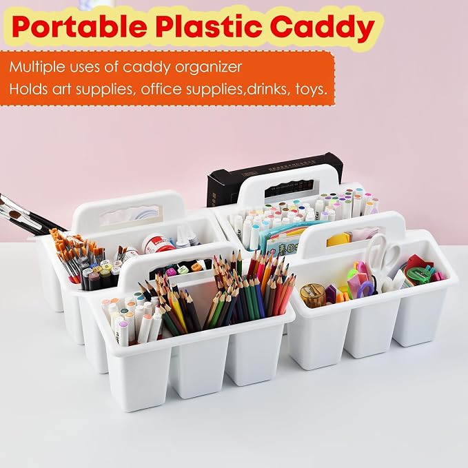 ALINK Classroom Caddy Storage Basket with Handle, 6 Pack Plastic Arts Office Crafts Caddy 4 Compartments for Kids, Pencil, Crayon, Marker, School Supplies - White