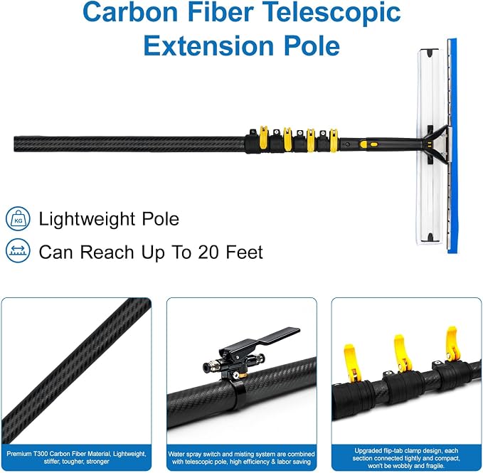 HIBLE 24 Feet High Reach Carbon Fiber Telescopic Pole for Window Washing, Glass Cleaning Kits with Extension Pole, Brush, Soap Dispenser, Water Hose, Faucet Quick Connector