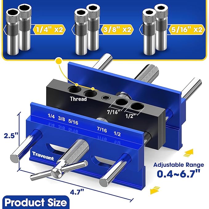 Self Centering Dowel Jig kit, Drill Guide Bushings Set, Wood Working Tools Drill and Accessories, Adjustable Width Drilling Guide Power Tool Accessory Jigs Tools for Men (Klein Blue, XL)