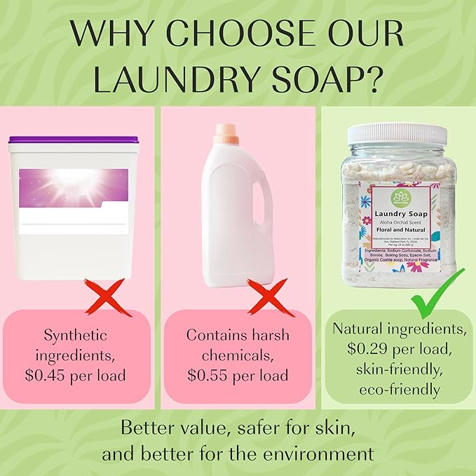Natural Laundry Detergent Soap | Hypoallergenic Deep Cleaning Washing Powder | Eco-Friendly, Safe, and Effective BORAX, SODA ASH, EPSOM SALT, BAKING SODA and CASTILE SOAP (65 Loads) (Aloha Orchid)
