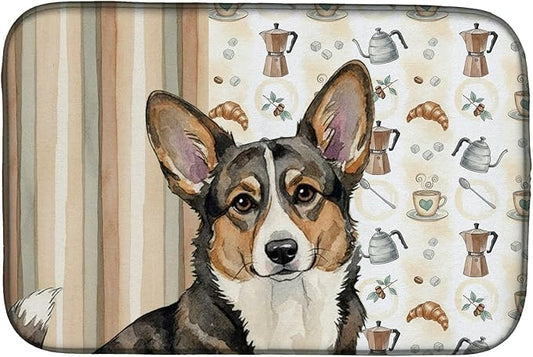 Caroline's Treasures Brindle Cardigan Welsh Corgi Coffee Bar Dish Drying Mat Absorbent Dish Drying Mat Pad for Kitchen Counter Dish Drainer Mat for Countertop, 14 x 21", Multicolor