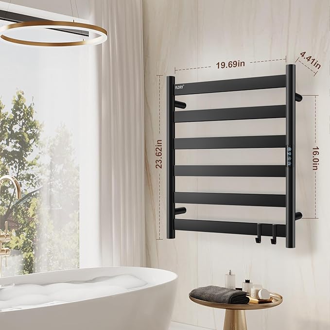 R FLORY Heated Towel Rack for Bathroom, 6 Bar Wall Mounted Towel Warmer Rack Flat with Timer & Temperature, Electric Towel Heater with LED Display Screen, Plug-in,Matte Black