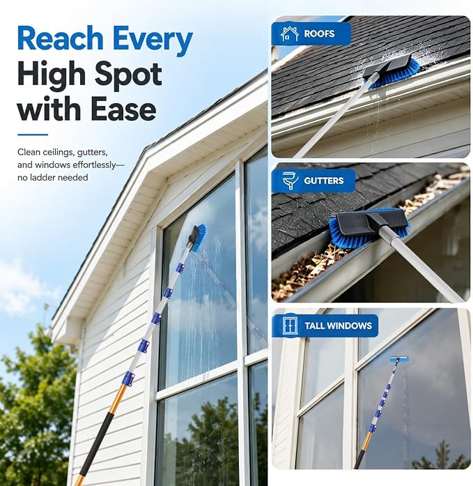 28 FT Exterior House Cleaning Brush Set with 6-21 Foot Telescoping Extension Pole, Soft Scrub Car Wash Brush, Medium Bristle Cleaning Brush and Window Squeegee & Washer