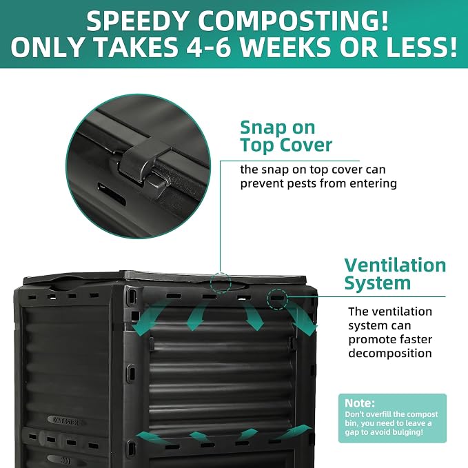Compost Bin Outdoor, 80 Gallon Large Garden Composter, Black | Large 300L capacity with BPA-free construction, secure flip-latch lid, and easy assembly for garden, kitchen, and yard waste.
