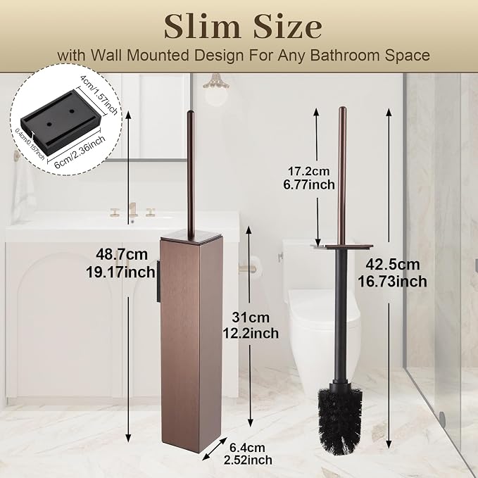Toilet Brush and Holder Wall Mounted, Brushed Rose Gold Aluminum with 2 Replaceable Heads, Bathroom Toilet Brush, Drill or 3M Adhesive Mount, Removable Liner and Splash Guard, Modern Square Design