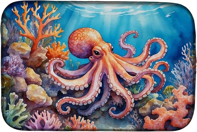 Caroline's Treasures Octopus Among Coral Dish Drying Mat Absorbent Dish Drying Mat Pad for Kitchen Counter Dish Drainer Mat for Countertop, 14 x 21", Multicolor