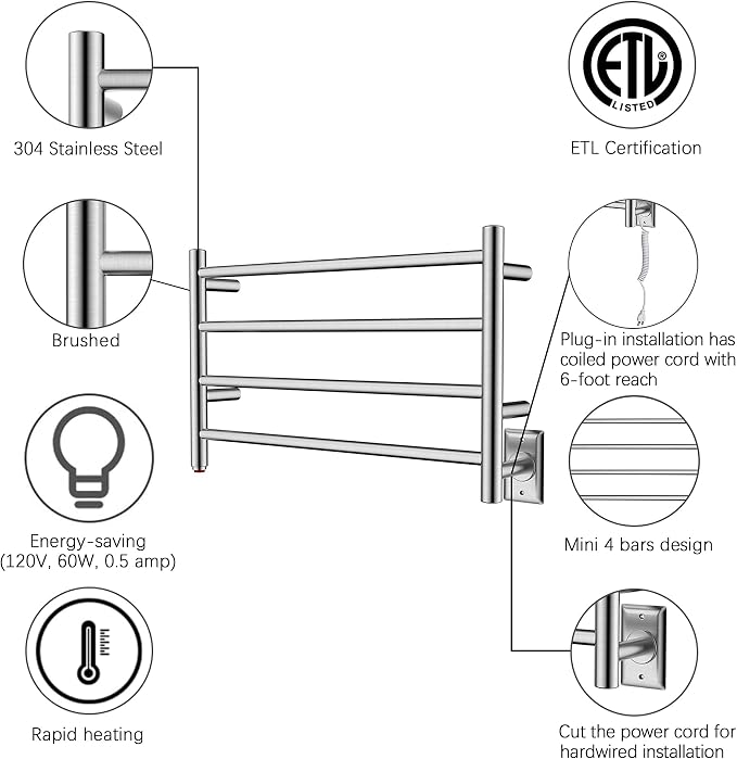 HEATGENE Towel Warmer 4 Bar Towel Dryer Wall-Mounted Plug-in Bath Towel Heater - Brushed