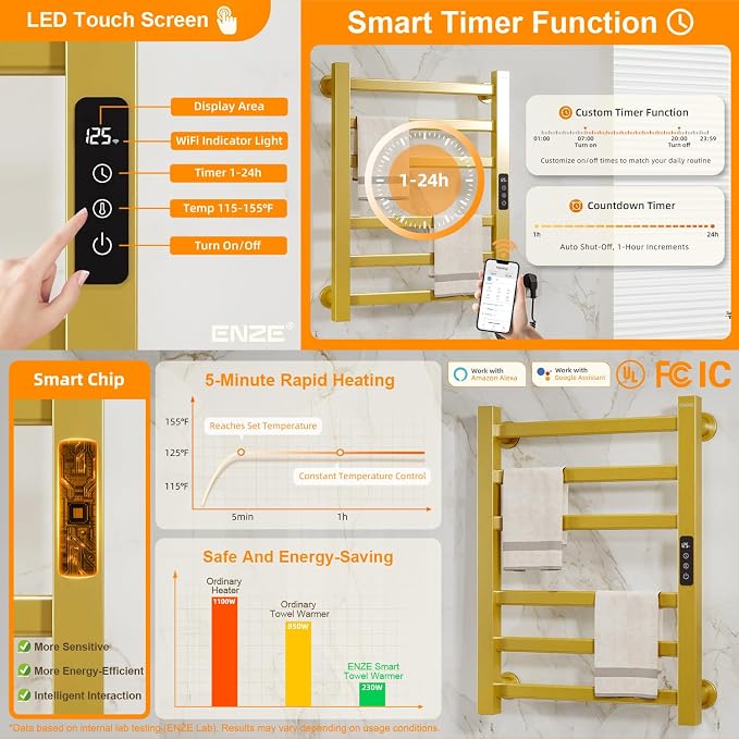 ENZE Smart Heated Towel Rack, 6-Bar Wall-Mounted Electric Towel Warmer 150W, Wi-Fi App Control & LED Touch Screen, Adjustable Temperature & 24H Timer, IPX5, Plug-in/Hardwired, Gold, Low Carbon Steel