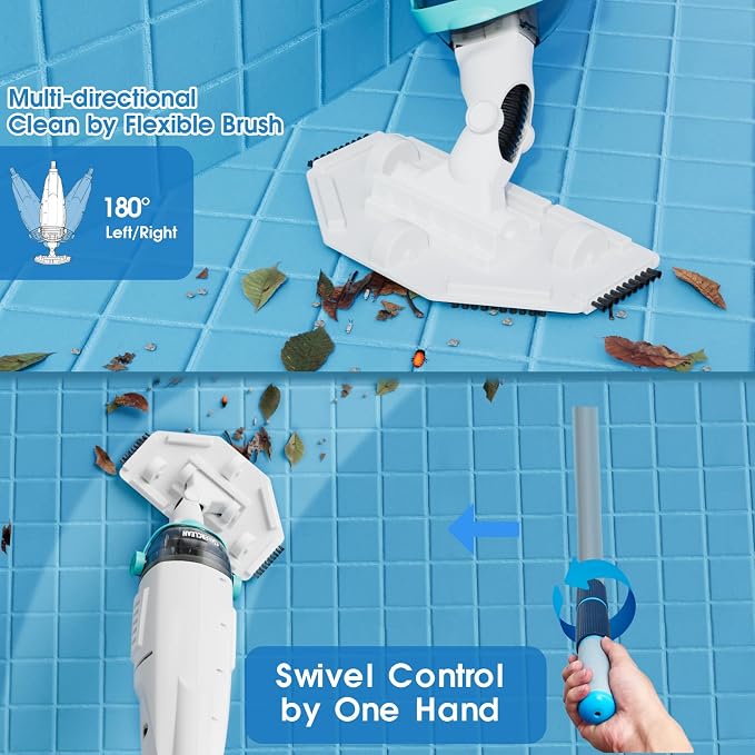 Cordless Handheld Pool Vacuum for Above Ground Pools - 26.5GPM Real Suction,Time-Saving Directional-Control,60min Runtime,2 Vac Heads & 4 Filter Bags,Leaf Net for Hot Tubs & Inground Pools -Green