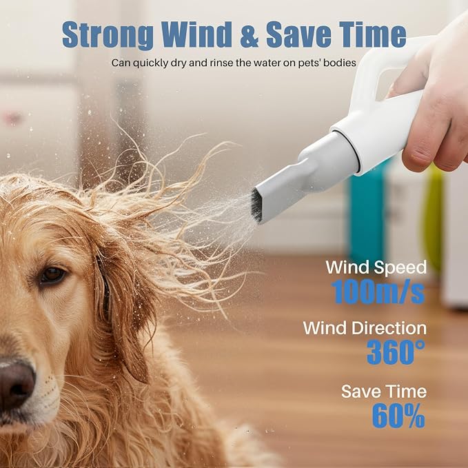 DUMOS Pet Grooming Blow Dryer, Low Noise Dog Hair Dryer with Adjustable Wind Speed & Heater Temperature, Cool-Warm-Hot Cycle Mode, 4 Nozzles, 6.5 FT Cord, White