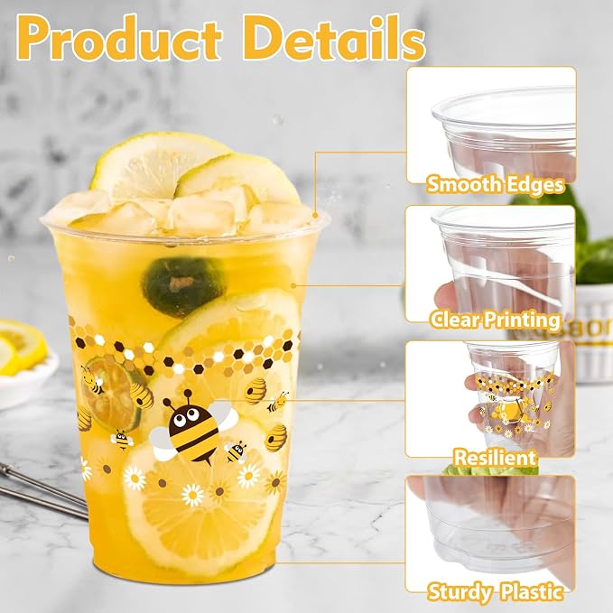 100 Pcs Bee Party Plastic Cups 12 oz Honey Disposable Drinking Cups Clear Cute Bee Theme Party Cups for Bees Baby Shower Birthday Parties Supplies