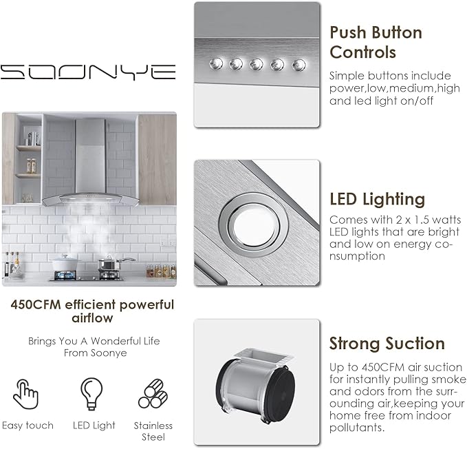 30 Inch Wall Mounted Curved Glass Range Hood with 450 CFM,Stainless Steel kitchen Ductless/Ducted Convertible with 3 Speed Controls,Permanent Baffle Filters and 2 LED Lights