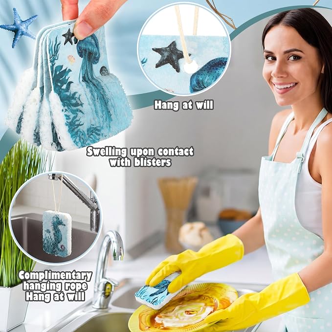 Hahafelt 36 Counts Compressed Cellulose Sponges Bulk Craft Pop up Ocean Pattern Natural Kitchen Compostable Non Scratch Dish Sponges for Washing Dishes, Cleaning Countertop Sink