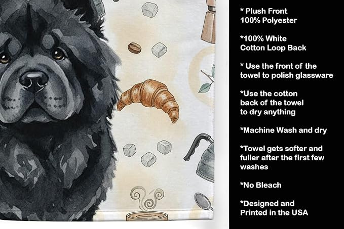 Caroline's Treasures Black Chow Chow Coffee Bar Kitchen Towel Velour Plush Front and Cotton Loop Back Machine Washable