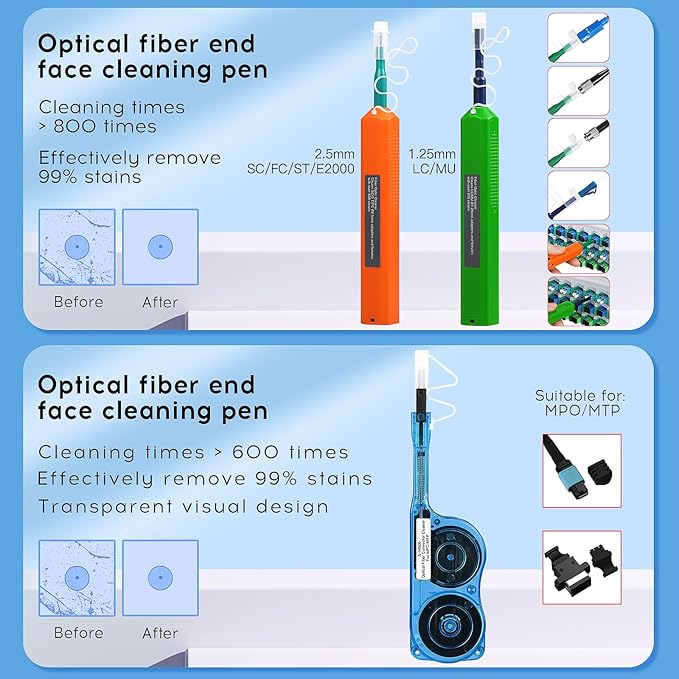 14 in 1 Fiber Optic Cleaning Tool kit with 400x Optical Microscope SC LC MPO Cleaner Pen and 2.5mm 1.25mm MTP Cleaning Box with Replace core